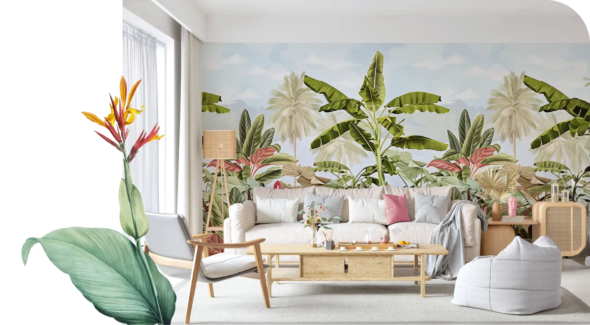 home interior with blue tropical wallpaper